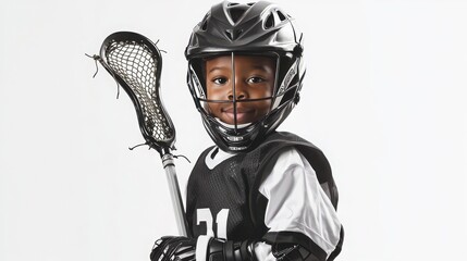 Young Boy in Lacrosse Gear with Stick Ready for Action