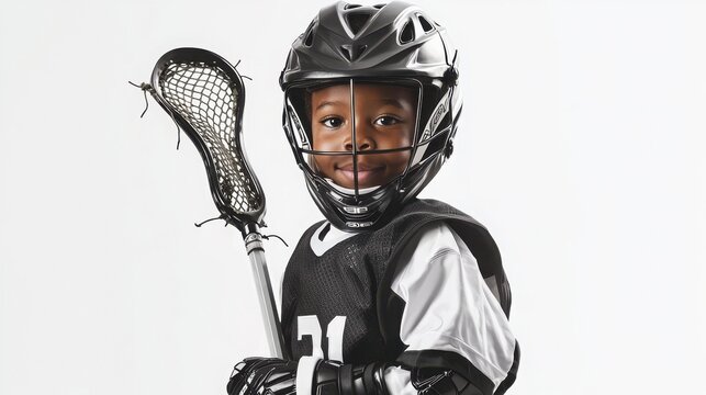 Young Boy in Lacrosse Gear with Stick Ready for Action