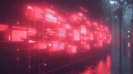 Fototapeta premium Neon digital data display in urban environment.