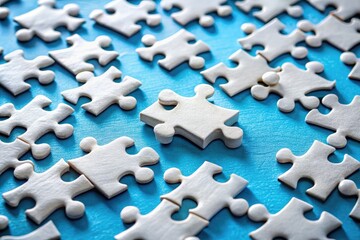 Obraz premium Close-up: interlocking white puzzle pieces against a vibrant blue backdrop. Documentary style.