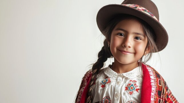 Smiling Girl in Traditional Attire with Hat and Colorful Shawl