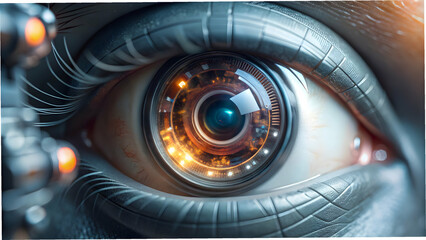 Close up of a robotic eye with lens aperture and copy space concept as A macro photograph captures a robotic eye with a mechanical lens aperture symbolizing vision in robotics and abstract digital con