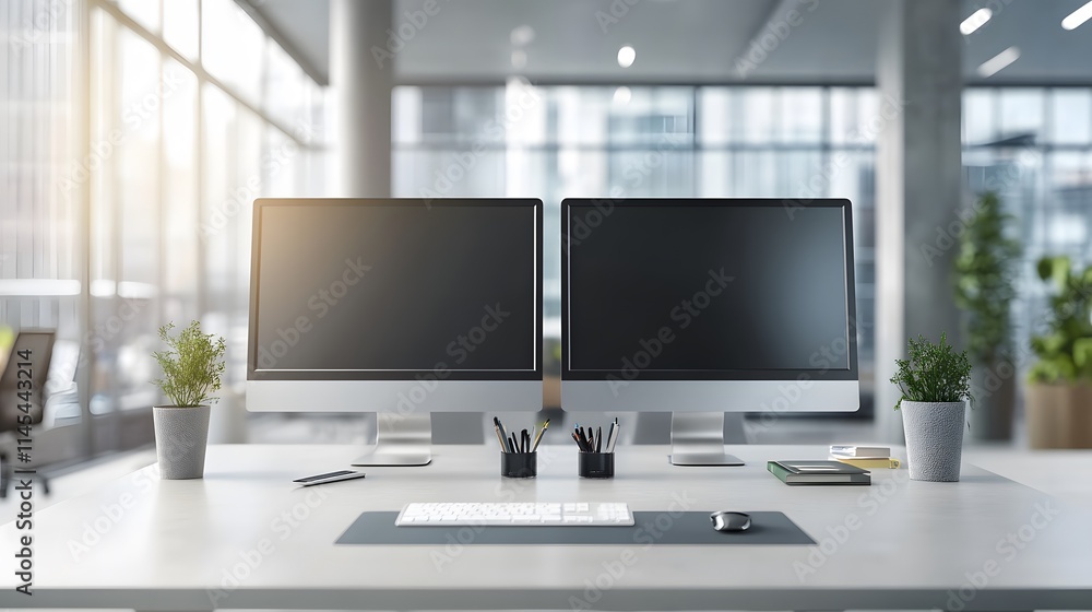 Poster modern office computer setup with ai generated illustration