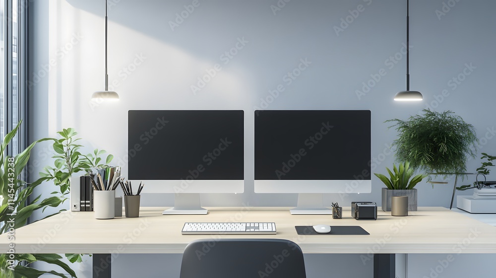 Aufkleber modern office computer setup with ai generated illustration
