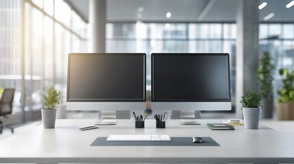 Fototapeta premium Modern office computer setup with AI generated illustration