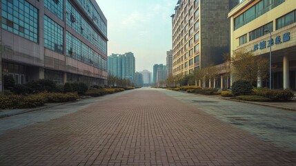 Fototapeta premium Urban Streetscape: Empty City Road Between Modern Buildings