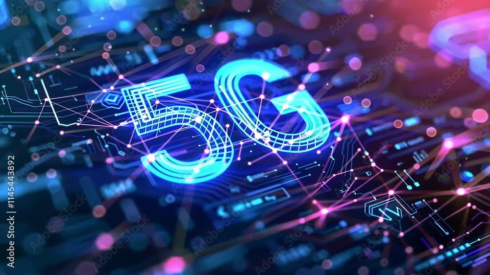 Poster futuristic 5g network integrating with electronic components on a circuit board, symbolizing high sp