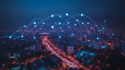 Fototapeta premium Smart digital Innovation city with connection network reciprocity over the cityscape. of future smart wireless city and social media networking systems that connects business people with in city