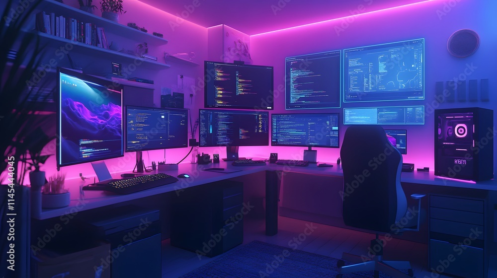 Poster modern tech workspace with multiple ai generated illustration