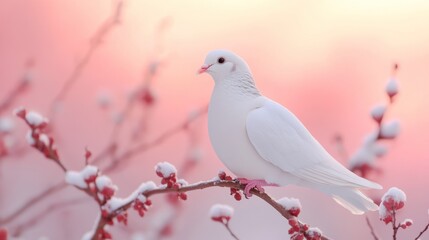 Obraz premium White dove perched on snowy branch at sunset.