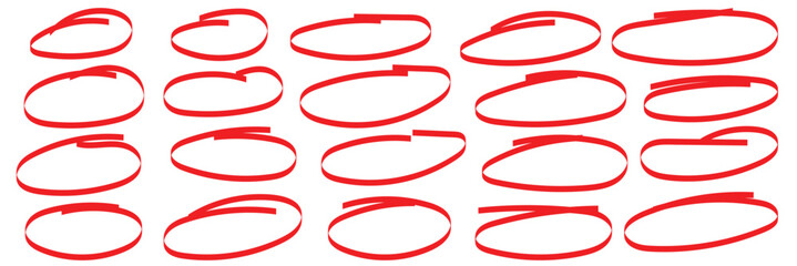 Drawn pen line oval set. Hand drawn marker stroke style doodle oval frame. Scribble round frame for text highlight. Vector illustration set.
