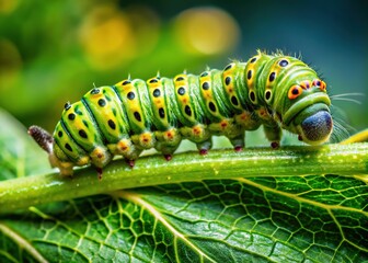 Fototapeta premium Green Caterpillar on Cultivated Plant - Macro Pest Control