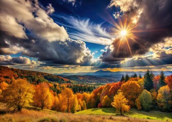 Crisp autumn day: vibrant blue sky, grey clouds drift across a high-depth-of-field fall landscape.