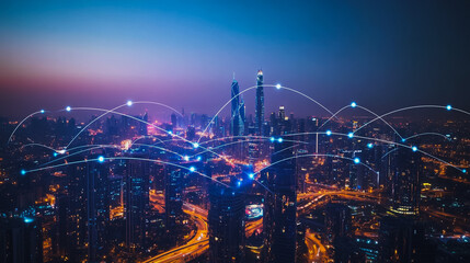 Fototapeta premium Smart digital Innovation city with connection network reciprocity over the cityscape. of future smart wireless city and social media networking systems that connects business people with in city