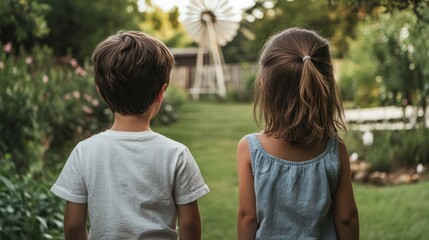 Summer's Gentle Breeze: Two young children, a boy and a girl, stand in a lush green garden, gazing towards a quaint windmill in the distance.  A moment of childhood innocence and wonder. 