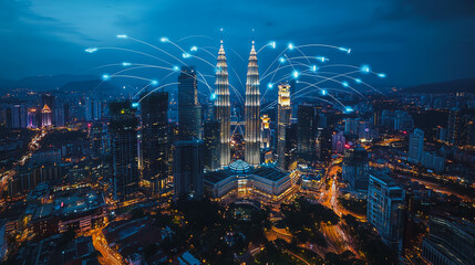 Fototapeta premium Smart digital Innovation city with connection network reciprocity over the cityscape. of future smart wireless city and social media networking systems that connects business people with in city