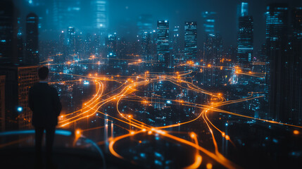 Fototapeta premium Smart digital Innovation city with connection network reciprocity over the cityscape. of future smart wireless city and social media networking systems that connects business people with in city