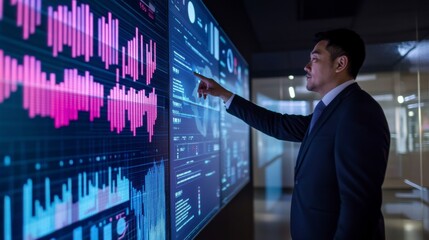 Strategic Vision: A focused businessman interacts with a large interactive display showing dynamic financial data, charts, and graphs.