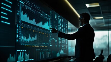 Strategic Vision: A businessman analyzes data on a large screen, showcasing his insightful approach to market trends. The image evokes a sense of calculated decision-making and future planning. 