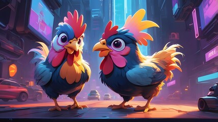 cartoon style chicken illustration with cyberpunk colors