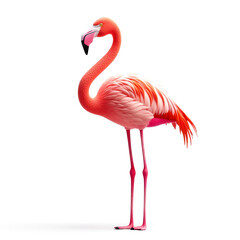 A vibrant pink flamingo stands elegantly on one leg against a clean white backdrop, showcasing its distinctive feathers and long neck.
