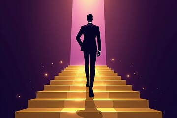 A person in a sleek black suit ascends golden steps
