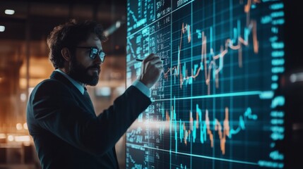 Strategic Vision: A focused businessman analyzes dynamic financial data on a large interactive screen, showcasing insightful market analysis and strategic decision-making.
