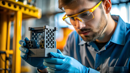 Macro shot of engineer inspecting 3D printed part with copy space concept as A close up image shows an engineer closely inspecting a 3D printed part representing quality control in additive manufactur