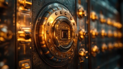 Close-up of a secure vault door mechanism.