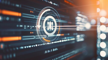 Close-up of a computer screen showing software update notification with progress bar, blurred code and technical icons, symbolizing software maintenance and security.	