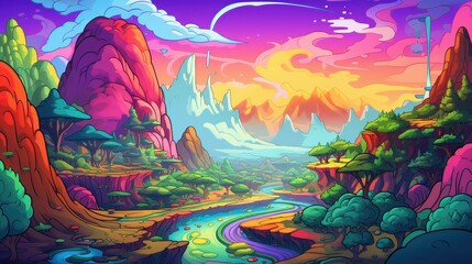 Vibrant Fantasy Landscape With Winding River And Colorful Mountains