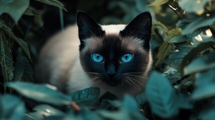 Siamese cat hiding in lush green foliage.