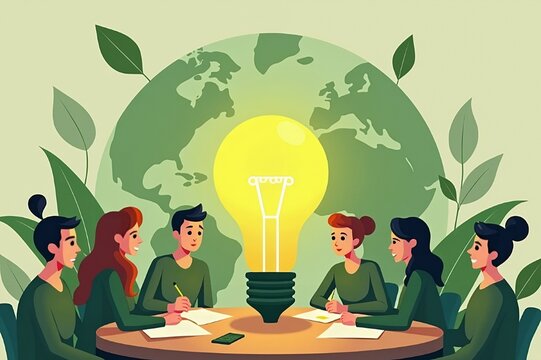 An eco-friendly theme showing a team brainstorming around a table, with a glowing green lightbulb in the center, symbolizing sustainability