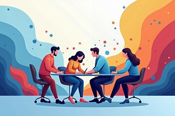 A team working in an abstract gradient of blue, red, and yellow, with vibrant, multi-colored background