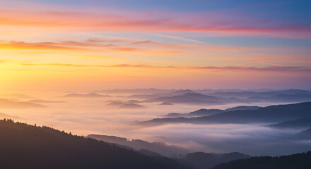 Fototapeta premium Serene Sunrise Misty Mountain Landscape Panorama