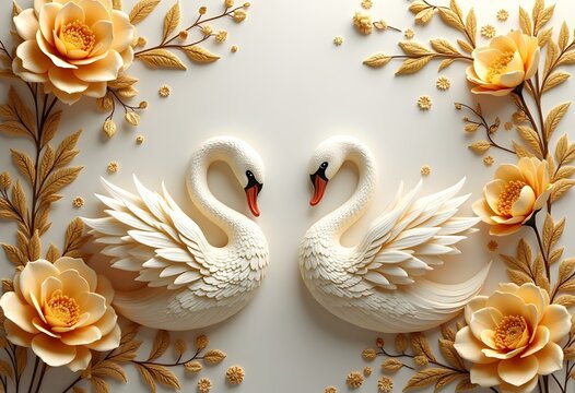 An HD 3D printable wallpaper design featuring golden beautiful flowers and elegant swans set against an abstract texture background,luxurious elements create a sophisticated wall decor 