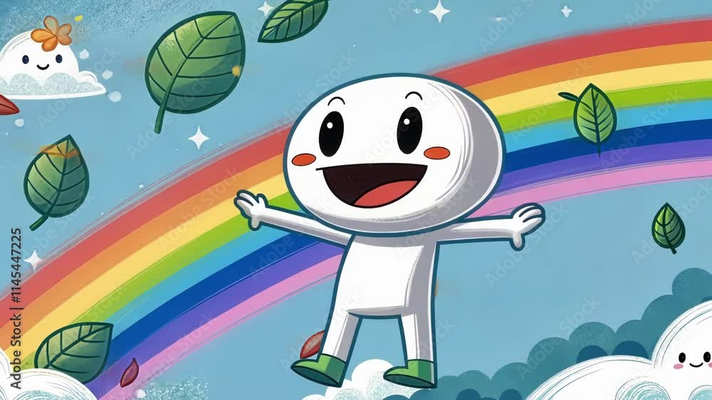Poster a simplistic digital character with a big smile floats in a virtual sky room surrounded by colorful 