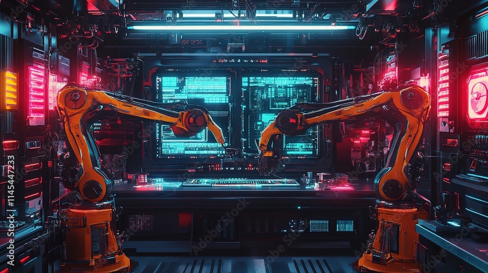 Poster intelligent automation robots with arms in high-tech environment