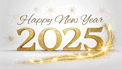 sparkling and shine gold  text "happy new year 2025" on white background. happy new year backdrop