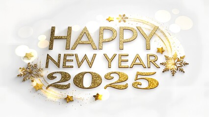 sparkling and shine gold  text "happy new year 2025" on white background. happy new year backdrop