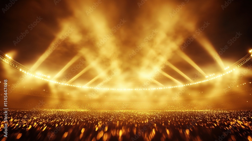 Poster golden stadium lights casting dynamic rays during event show