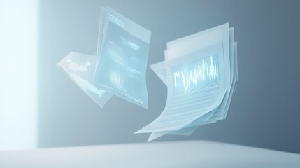 Data in Motion: Abstract graphic of financial documents, charts, and graphs floating mid-air, representing the dynamic nature of data and its impact on financial markets.  