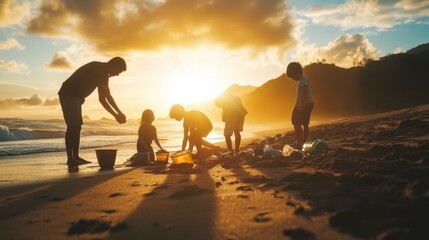Sunset Beach Cleanup:  A silhouette of four children, their figures backlit by the warm glow of a setting sun, are engaged in a beach cleanup. The scene evokes a sense of community and responsibility.