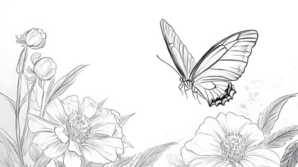 Obraz premium A simple line art of a butterfly fluttering above a flower