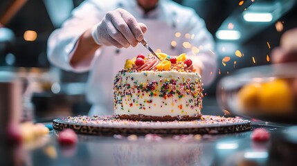 Pastry chef decorating a colorful AI generated illustration