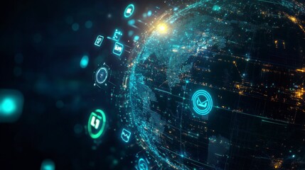 Global Network Connection: Futuristic digital globe with glowing icons, symbolizing worldwide connectivity and data transfer.  A stunning visualization of the interconnected digital world. 