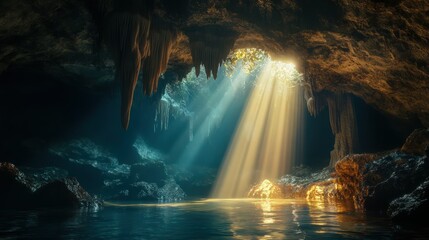 Serene Underwater Cave Illuminated by Sunlight Streaming Through Opening