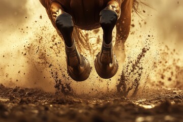 Close-up of horse's hooves, mud splashing. Illustrates speed, power, and intensity of horse racing.