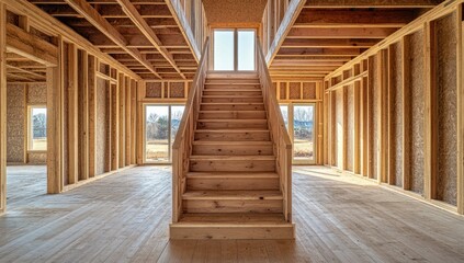 Wooden Staircase in a  New Home Construction