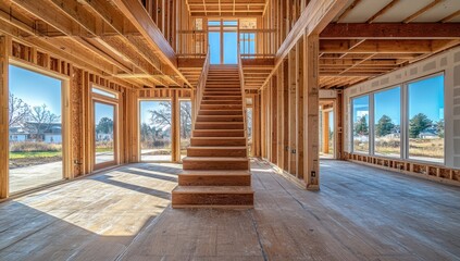 Interior View of a House Under Construction with Wooden Staircase